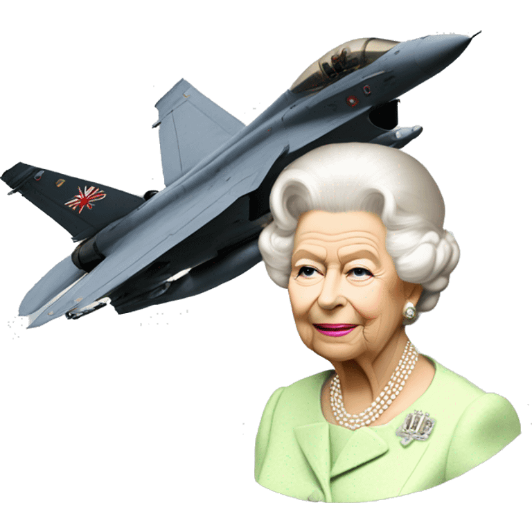 The Queen flying a fighter jet emoji