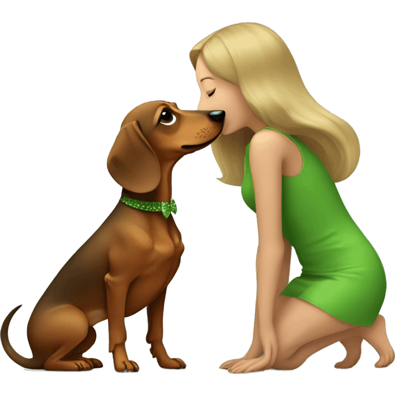 Dachshund  and dark blond girl with green yeas kissing dog emoji