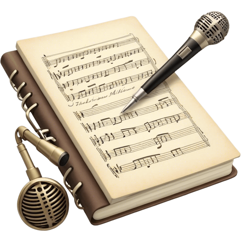 Create an emoji representing songwriting. The design should feature an open notebook or sheet music with visible lyrics and musical notes, symbolizing the process of writing song lyrics. A pen or pencil should be placed near the notebook, indicating active writing. Optionally, include a vintage microphone or a quill to add a creative touch. Use a harmonious color palette with warm and neutral tones. Do not include any emojis or smiley faces. Make the background transparent. emoji