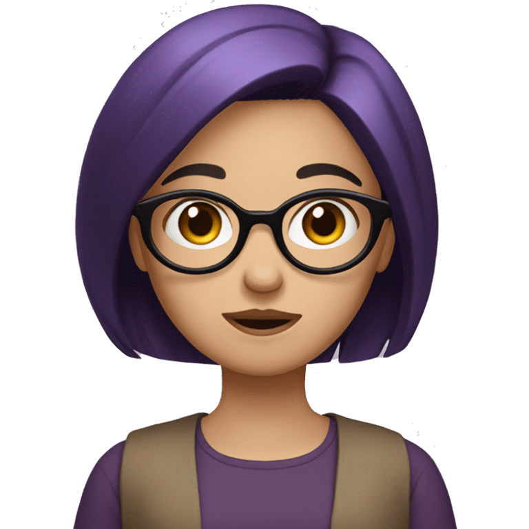 Girl shrugging emoji with purple-black hair, brown eyes, big circle frame black glasses, brown shirt  emoji