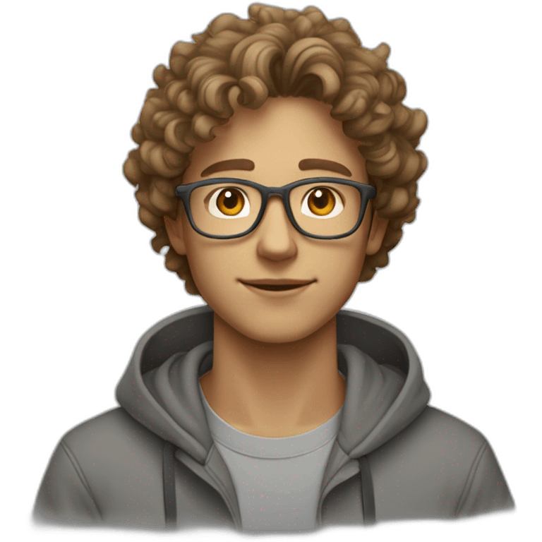 Young guy with curly light brown hair and rounded glasses with a grey hoodie on emoji