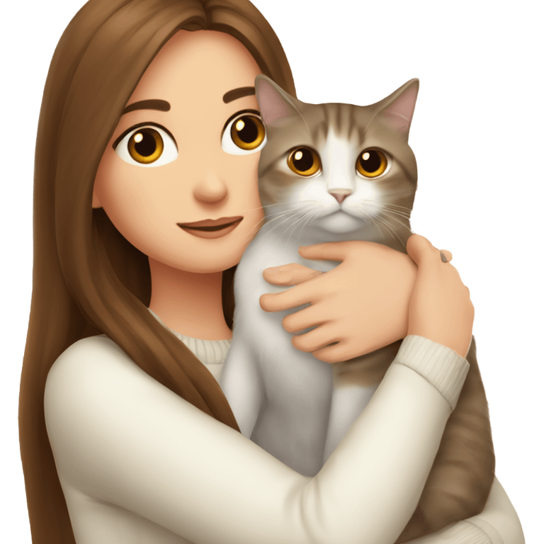 a girl with long brown hair, in a white sweater, hugs a Scottish fold cat. emoji