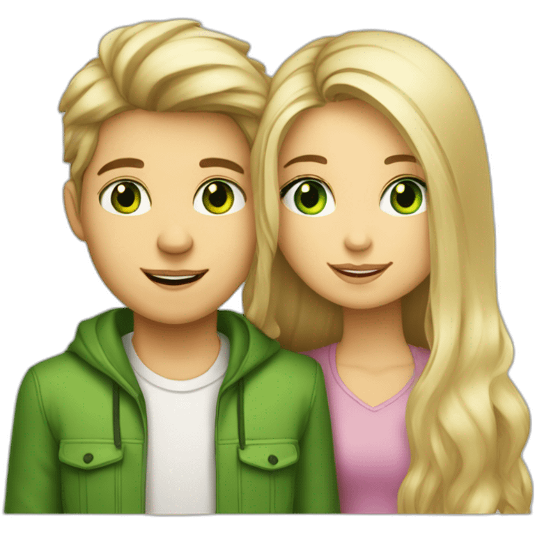 a blond boy with brown-green eyes kisses a brunette girl with long straight hair and bright green eyes on the cheek emoji