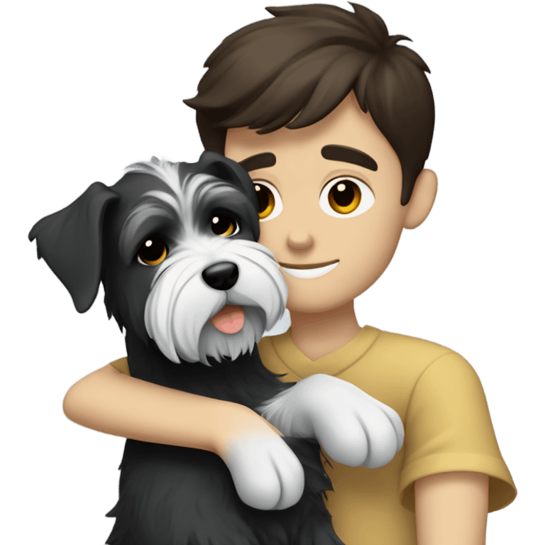 White Boy with dark brown hair and zverg schnauzer hugging  emoji