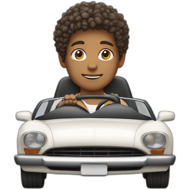 a boy with curly hair driving a car emoji