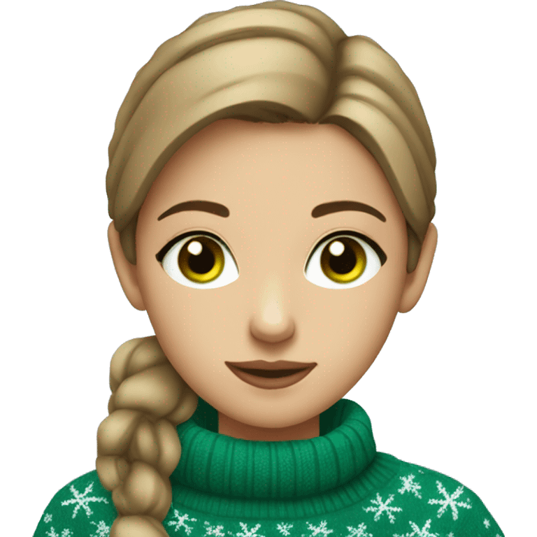 Light brown short haired girl with green eyes drinking coffee wearing blue Christmas sweater emoji