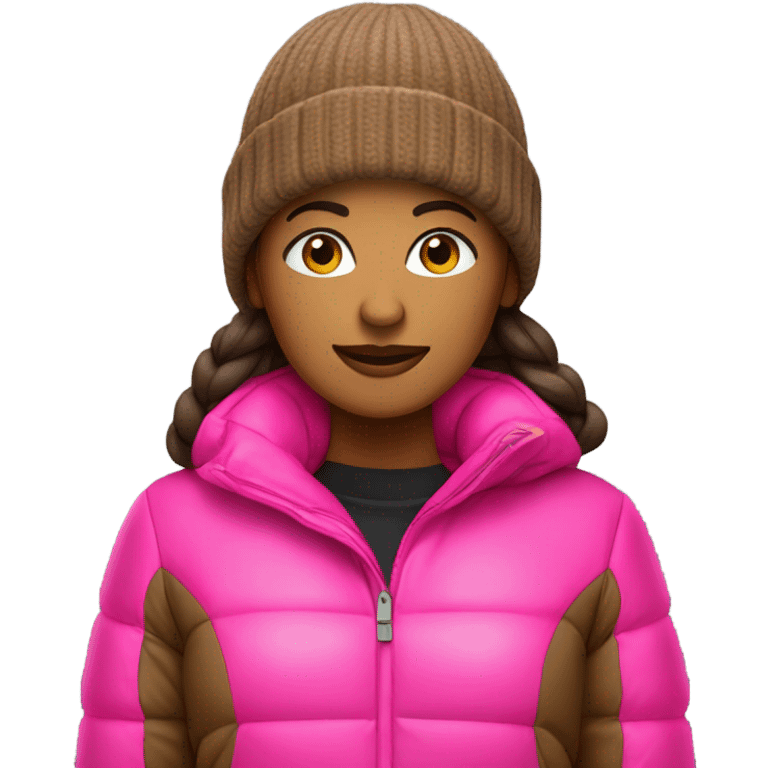 Brown woman brown puffer jacket neon pink nitted beanie  emoji