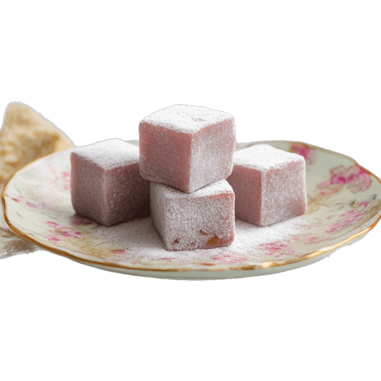 Turkish delight stacked cubes with chopped walnuts and covered with powdered sugar, on a floral porcelain plate emoji