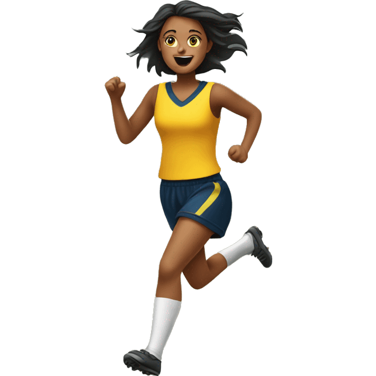 A girl running on a footy field with 2 girls and she has the footy emoji