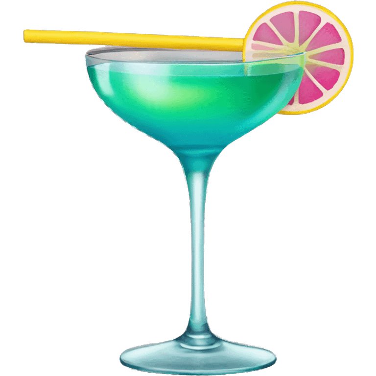 Bluish green cocktail with pink and yellow emoji