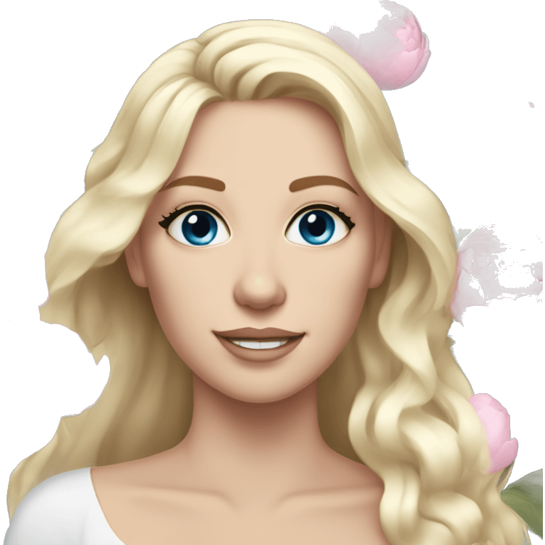 White bride with long light blonde hair and blue eyes with light pink peonies in hair white skin  emoji