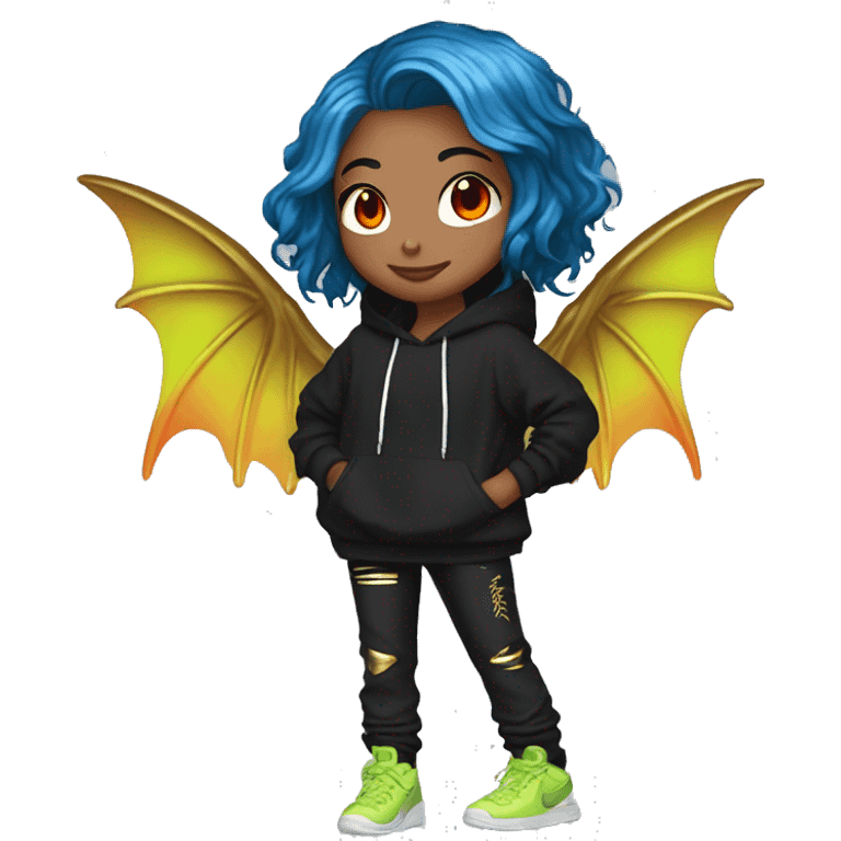 Lady with brunette and iridescent blue hair, gold, lime green dragon wings, black hoodie, bleach dyed, black and gold Nike t shirt, and bright red eyes emoji