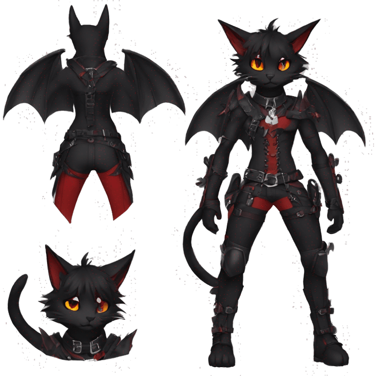 Anthro cool edgy cute black punk red fantasy nargacuga-bat-cat-Fakemon collar harness full body emoji