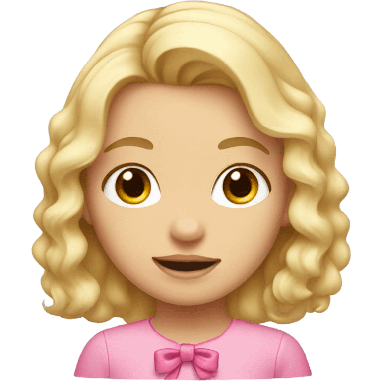 girl with blonde hair, wavy layered hair, pink bow in hair, pink shirt on emoji