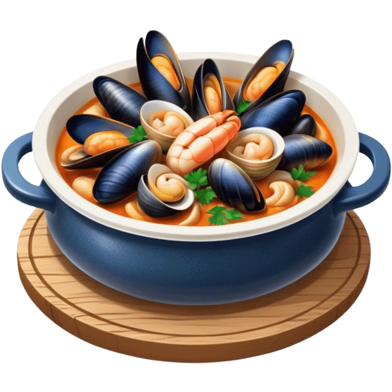 Cinematic Realistic Buzara Seafood Dish Emoji, depicted as a rustic, flavorful seafood stew with shellfish rendered with rich textures and dynamic, maritime lighting. emoji