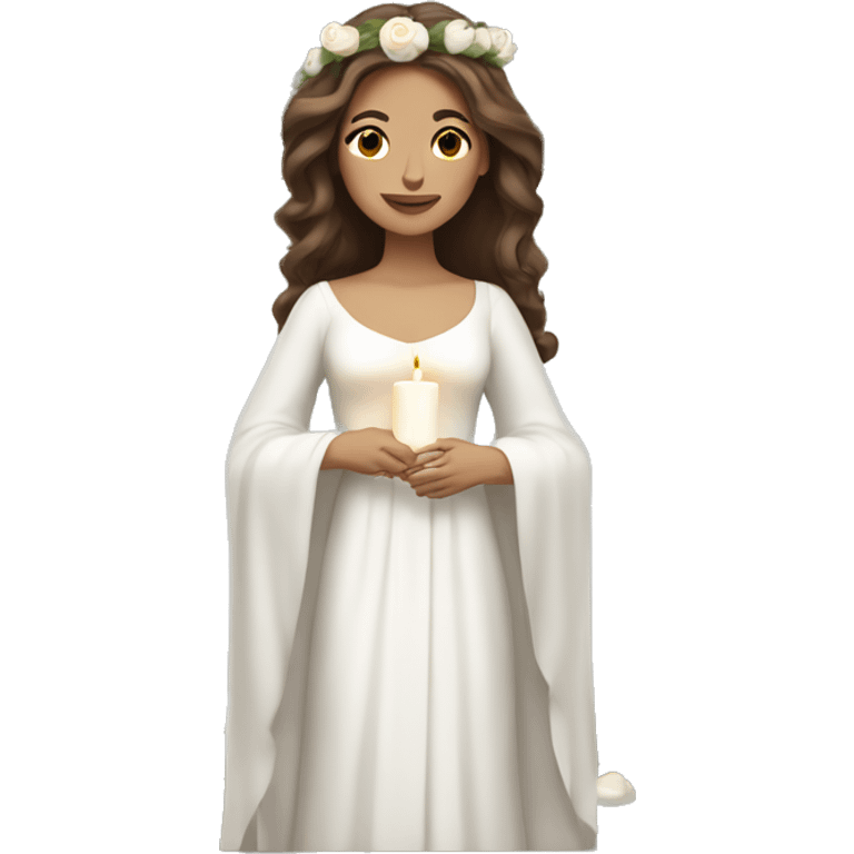 brown haired women with white gown with long sleeves and spuce wreath with white candles on head emoji