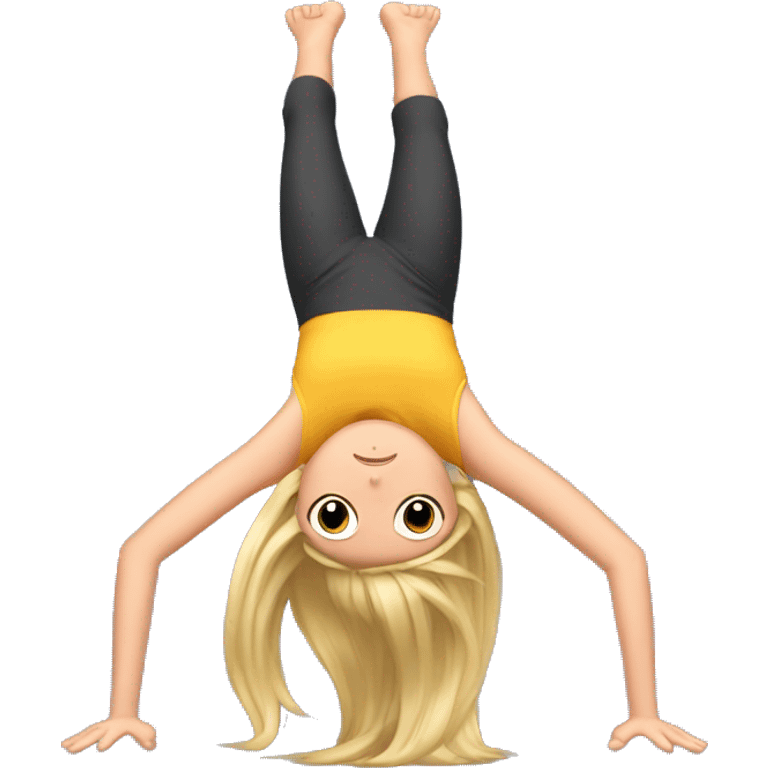 A girl doing a handstand with her legs twisted backwards with her hair looking like a birds nest doing bombastic side eye emoji