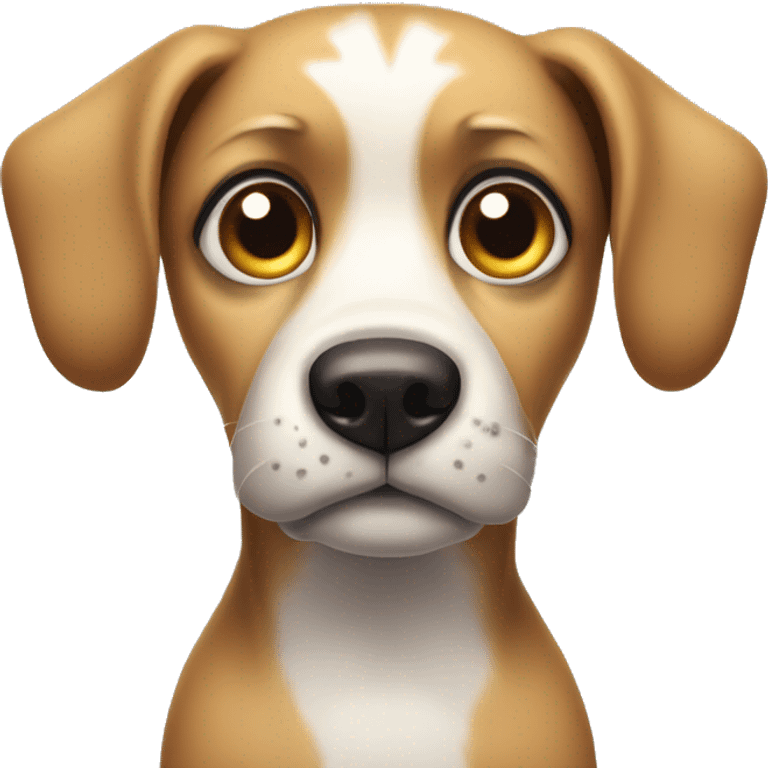 a dog with folded ears, black spot over eyes, short hairs and eyeballs looking up in awkward feelings emoji