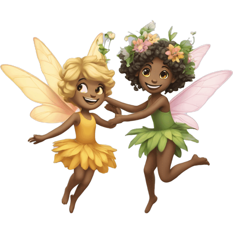 two fairies flying, beautiful, flowers in hair, smiling emoji