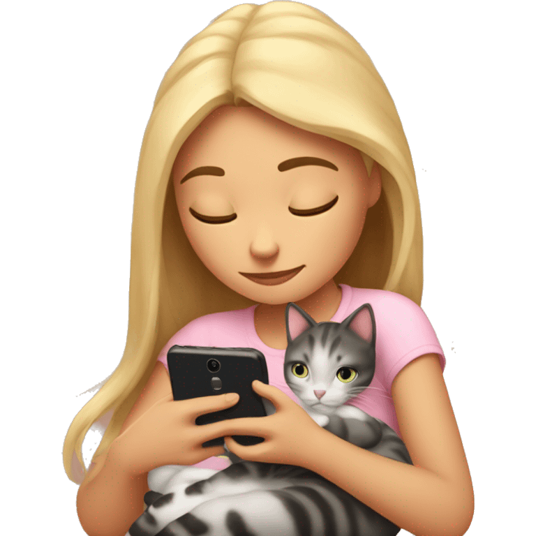 Girl snuggling with cat both looking at cell phone  emoji