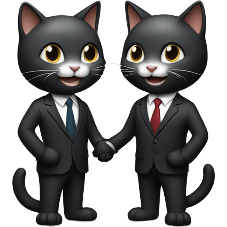 Two dark colored, happy cats, shaking hands in suits both with headphones on.   emoji