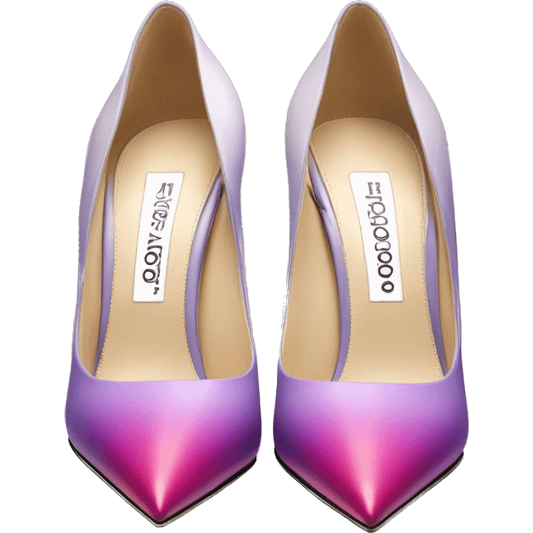 Hyper Realistic isolated top front view of a pair of matte Jimmy Choo pastel lavender,hot pink,royal purple and magenta ombre stiletto high heel shoes. emoji