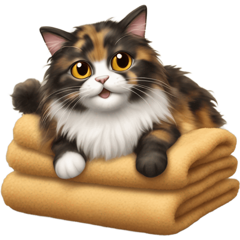 Long hair tortoise shell cat kneading biscuits on a sheepskin throw emoji