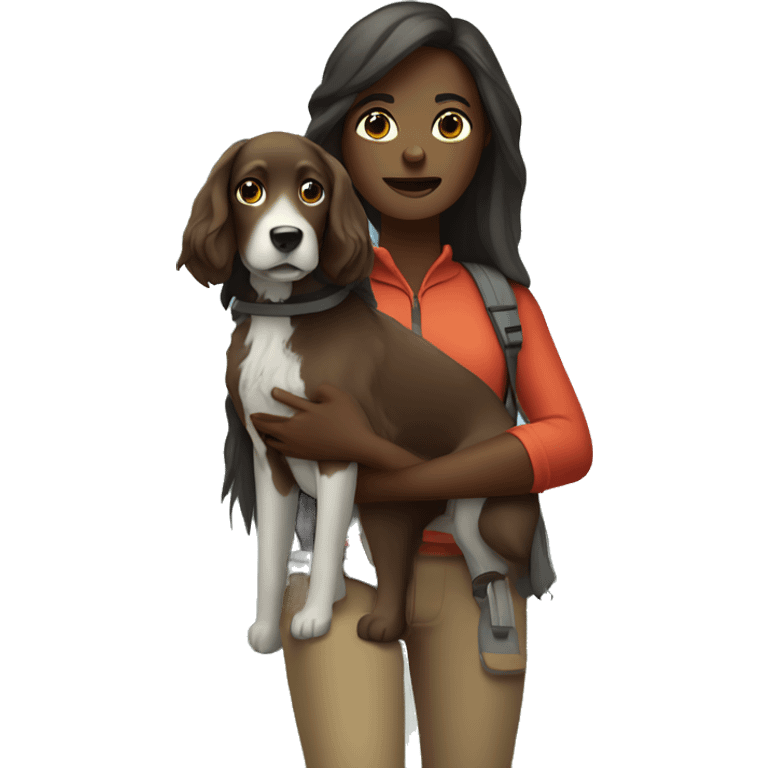 Dark skin woman long hair hiking with dog facing frontward emoji