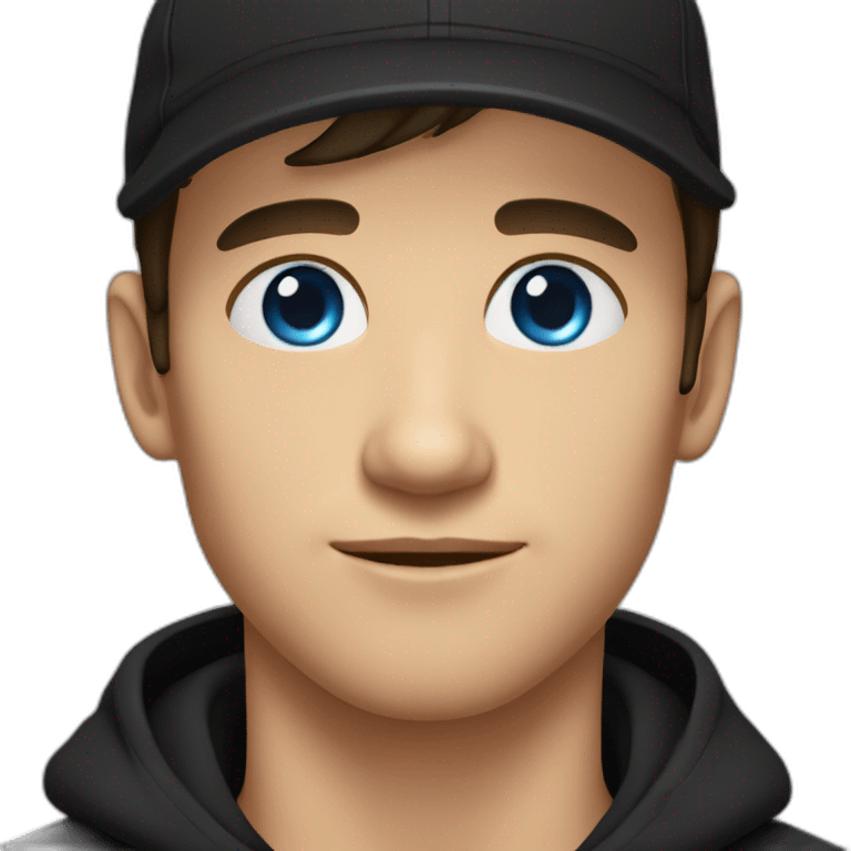 a guy with blue eyes, dark hair and bangs in backward black cap and in a black t-shirt emoji