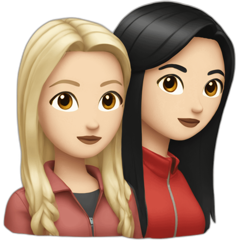 white girl with straight black hair, brown eye, she's wearing a red perfecto emoji