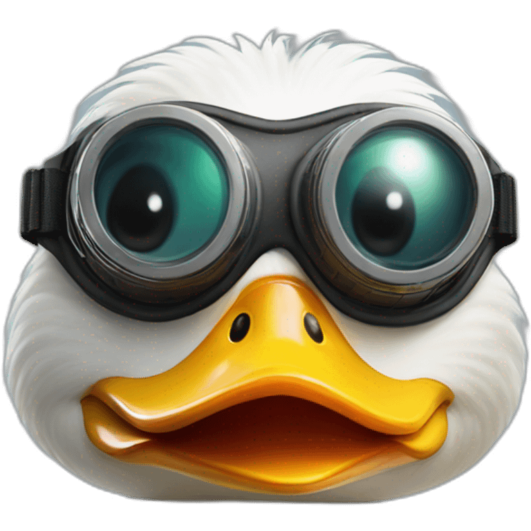 Aggressive looking duck with a pair of goggles on its head emoji