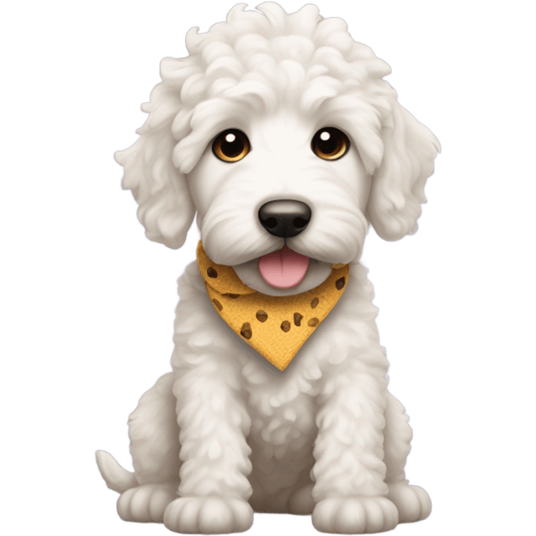 White labradoodle puppy with “cone collar” around neck and sock knots right front paw emoji