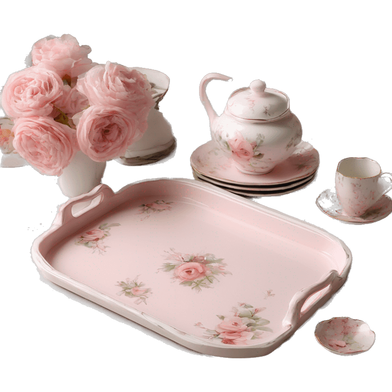 Light pink glass serving tray with handles, shabby chic style with floral print, with porcelain tea set on it emoji