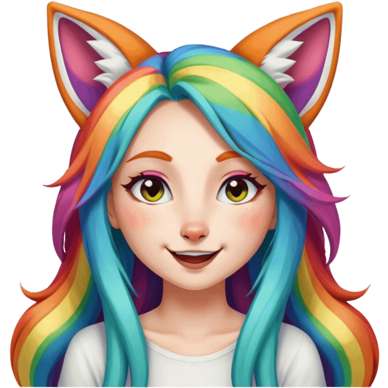 Pretty girl with long rainbow hair and big fox ears winking emoji