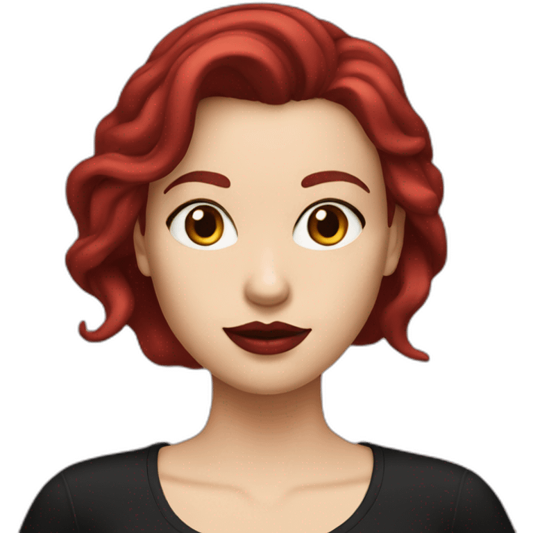 a white girl with burgundy hair and red lips in a black T-shirt emoji