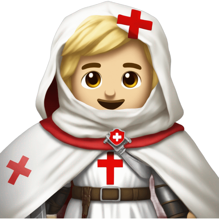 blond haired Masonic knight Templar wearing a white tunic with a Red Cross on the front and a white mantle with a hood with a Red Cross on the left side and a male face with a red cap and holding a sword. emoji