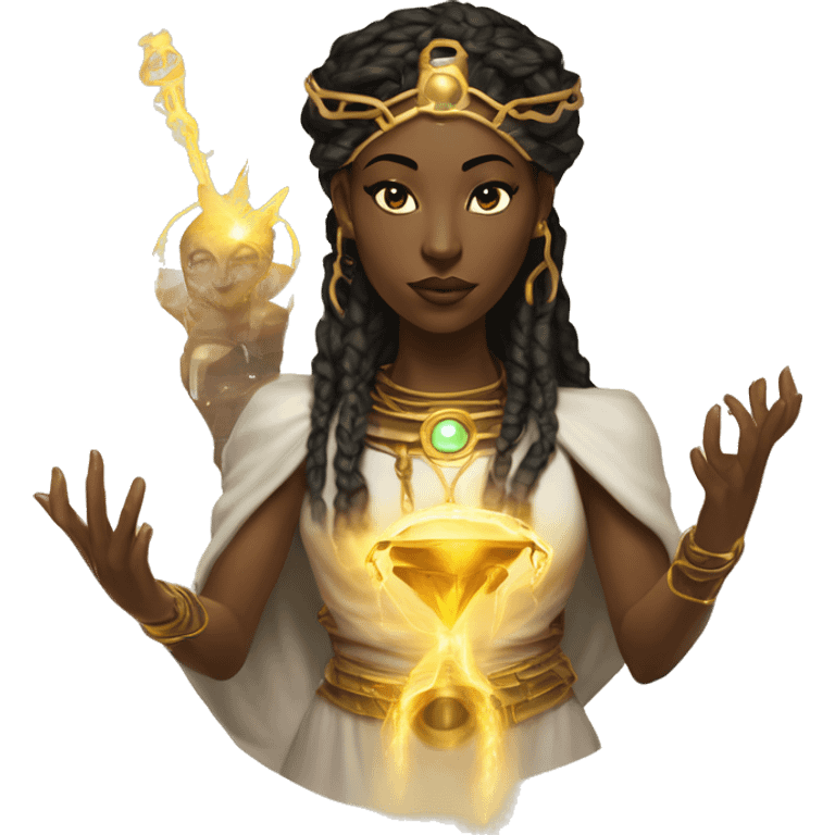 Technomancy Goddess is a mystical being who controls both magic and technology. She can cast spells on technological networks. Her powers blend the ancient art of magic with advanced cybernetics and technology. She can command machines emoji