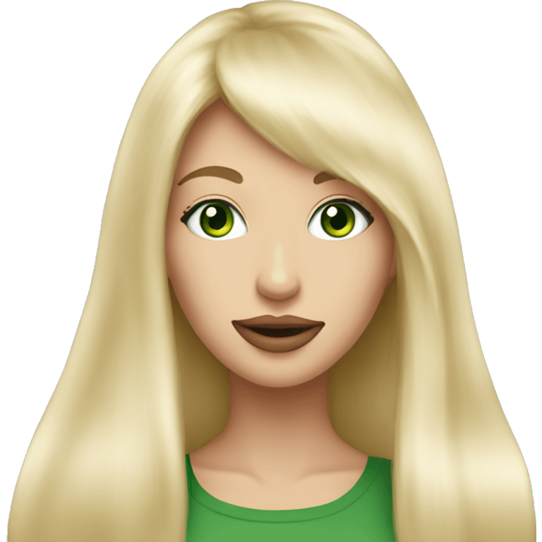 Beautiful woman pink lips with long blonde hair, straight blonde bangs and green eyes, happy expression emoji