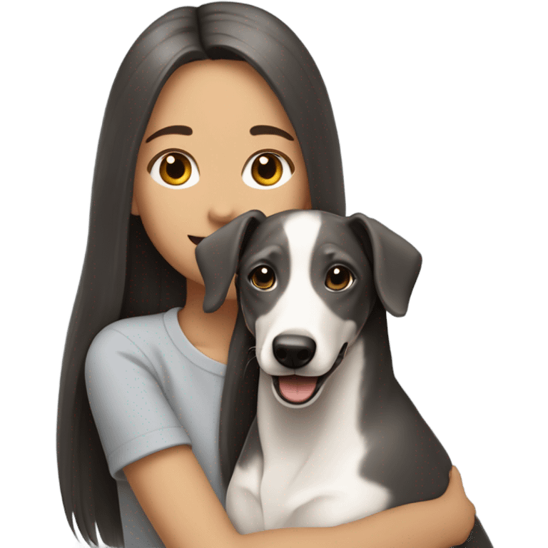 Girl long dark straight hair smiling with grey and white  a whippet puppy around her shoulders  emoji