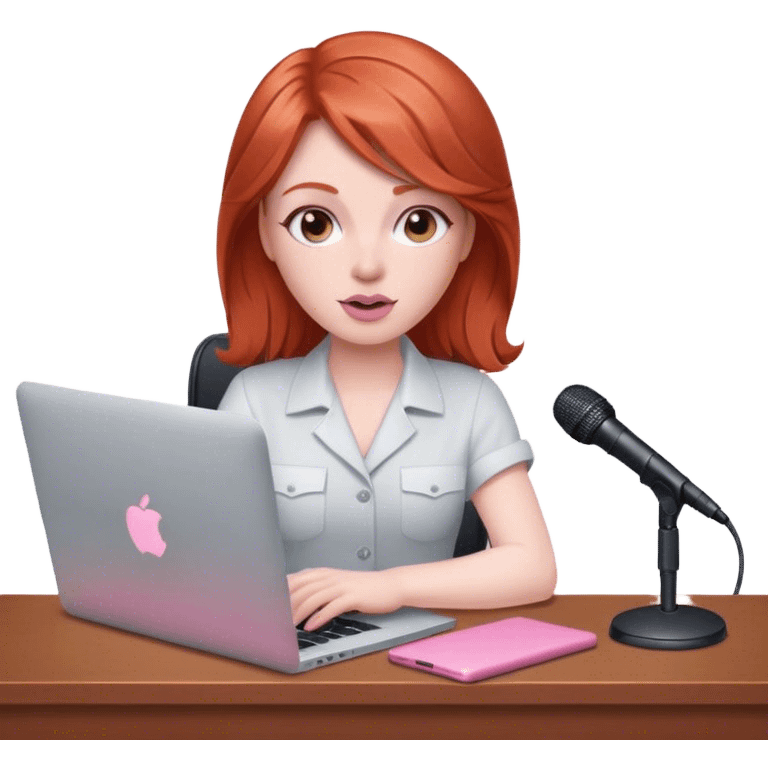 Redhead sat at desk with pink MacBook and microphone  emoji