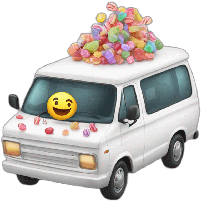 Kids in a white van that is written free candy on it emoji