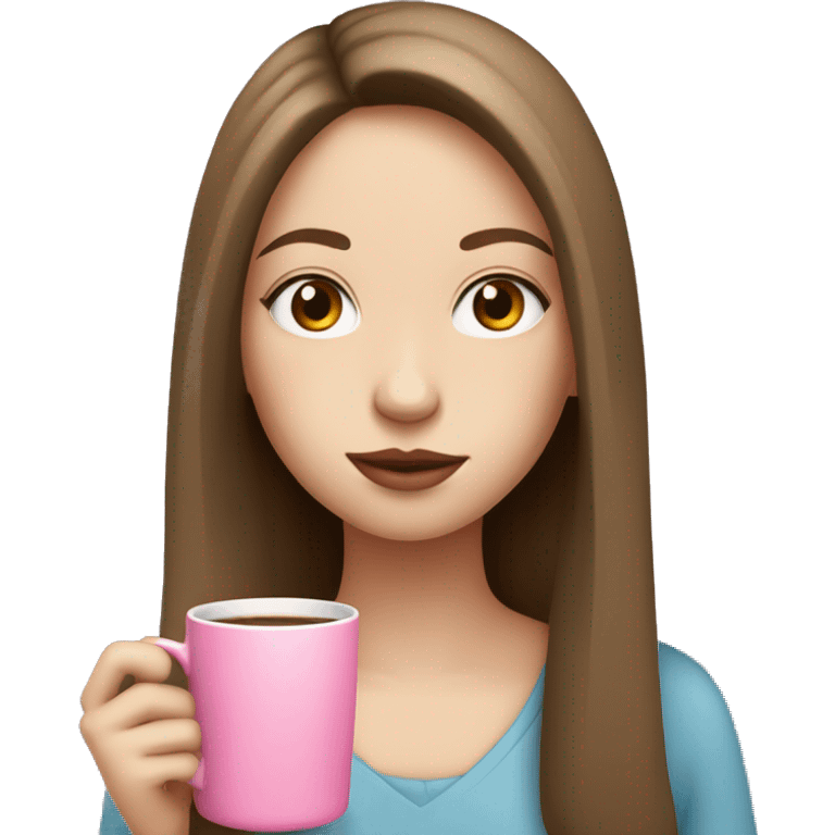 girl with pale skin and brown long hair sipping from pink mug emoji