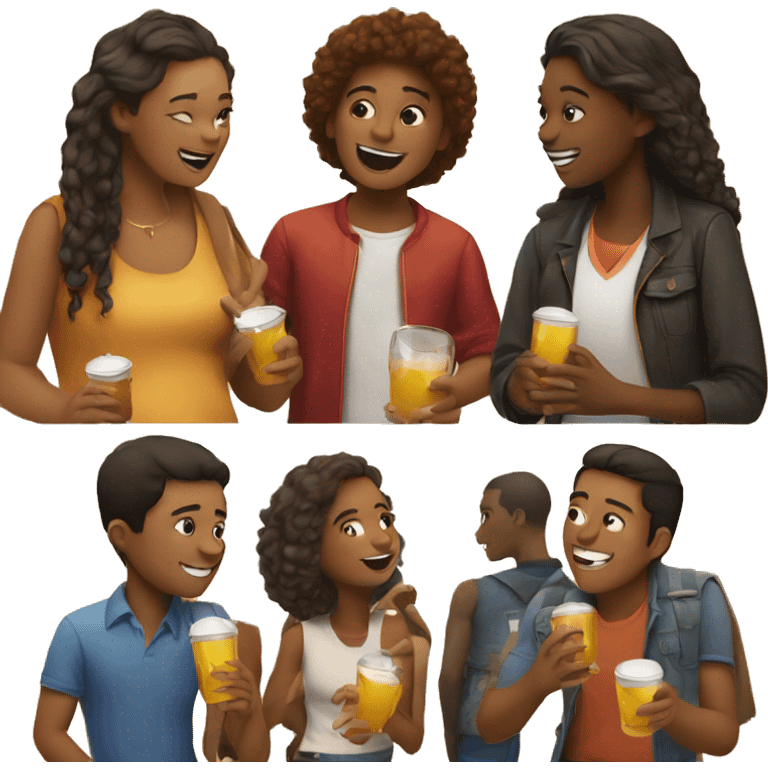 A group of young people, some are singing, some are chatting, and some are drinking. emoji