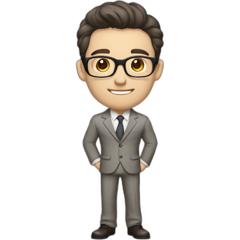 Full height Pale skinned Fit Man With dark brown hair in classic gray suit, beige office shirt, dark gray tie, and vintage glasses. His hands lock emoji