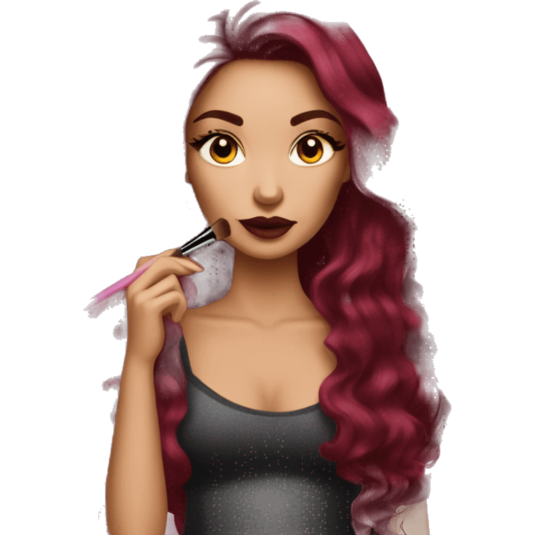 Beautiful tattooed burgundy long haired woman doing her makeup emoji