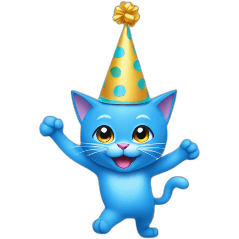 blue dancing cat with a party hat as outline illustration emoji