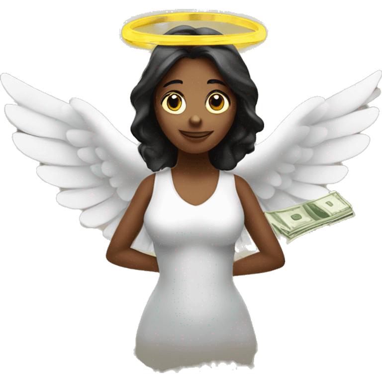 A lady with halo and money with wings underneath her chest emoji