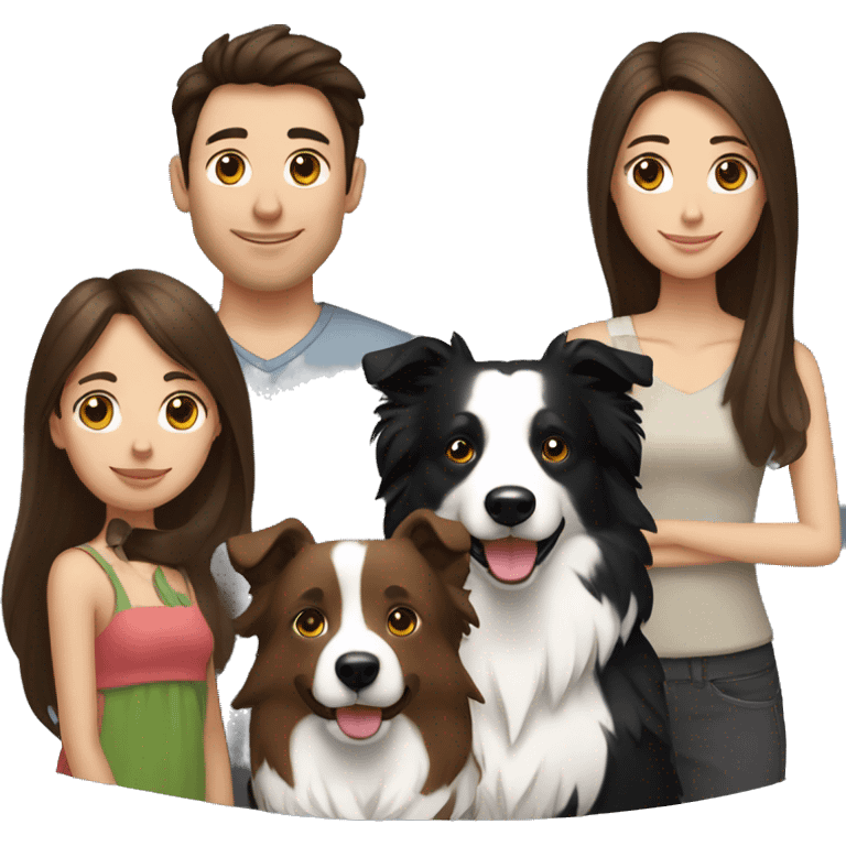 family group consisting of brunette long hair woman, brunette short hait man and a border collie emoji