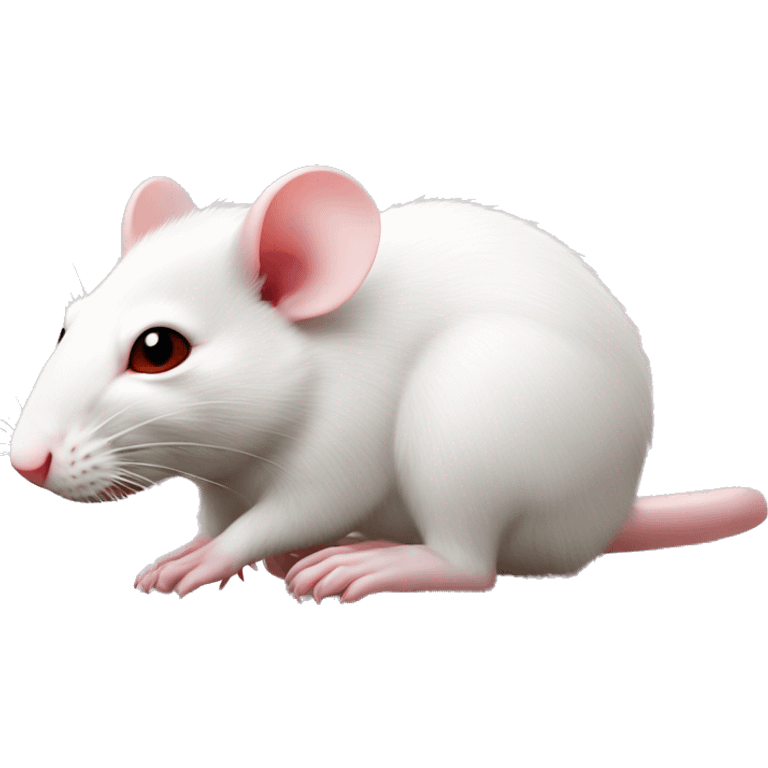 Realistic white rat with small ears, bright red eyes and baby pink tail and baby pink paws. Lying on top of a realistic brown rat with black eyes, a white stomach and mouth emoji