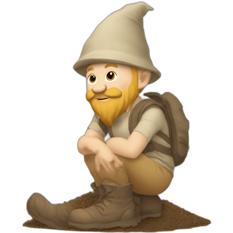 side view of gnome with light tan pants and light tan boots squatting in front of small dirt pile emoji